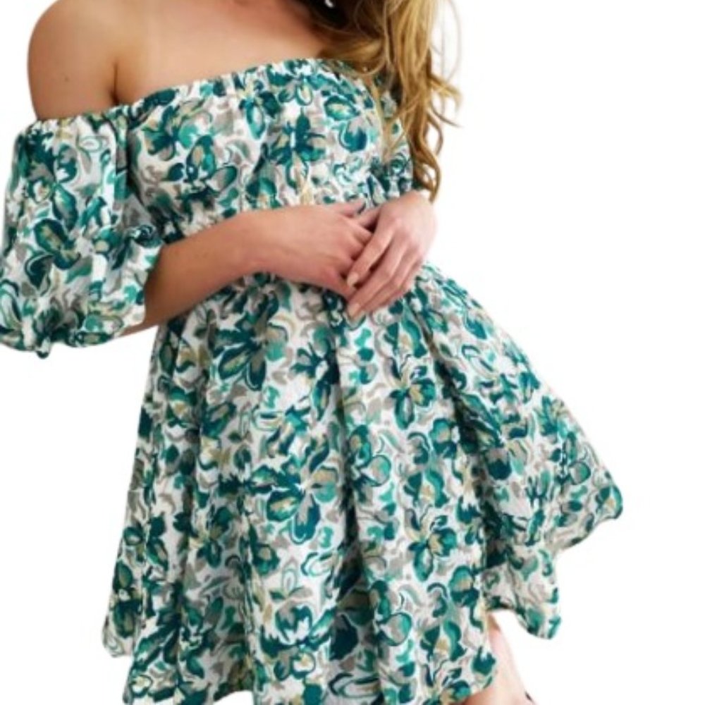 Princess Polly Womens Hally Mini Dress Teal Green Floral Off the Shoulder  0-2